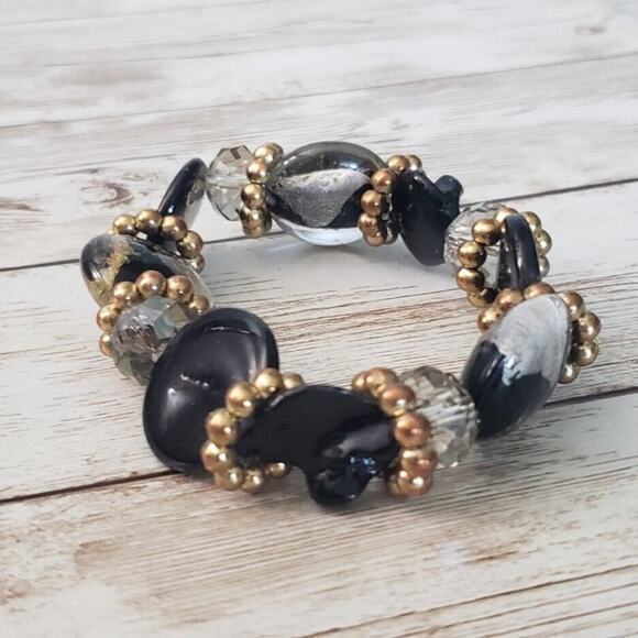Vintage Bracelet - Black & Gold Tone Chunky Stretch Bracelet - Picture 2 of 4